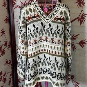 VTG Croquet Club Fair Isle Knit V Neck‎ Sweater Long Sleeve Cream Multi Color L